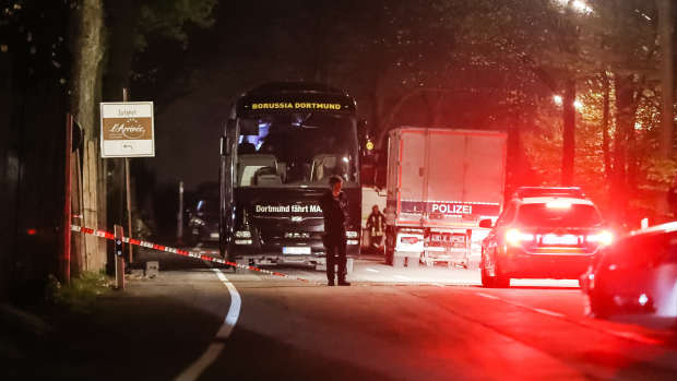 The Borussia Dortmund football club bus after a trade blew up in Dortmund, Germany. (Getty Images)