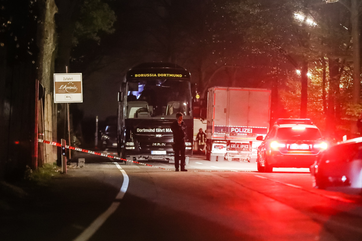 The Borussia Dortmund football club bus after a trade blew up in Dortmund, Germany. (Getty Images)
